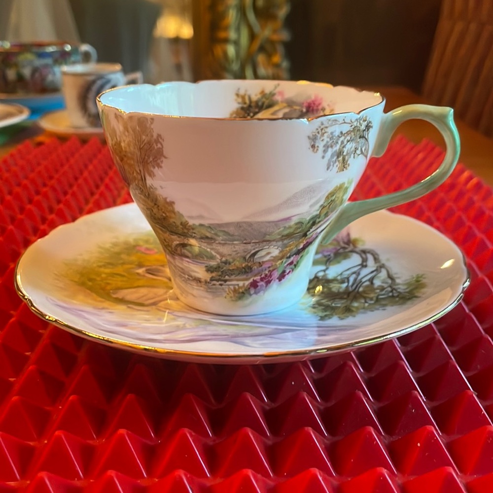 ANTIQUE SHELLY TEACUP AND SAUCER  ‘ENGLISH LAKES PATTERN